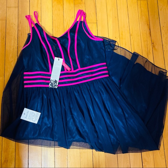 JACQUES VERT NAVY AND FUCHSIA DRESS - Picture 2 of 4